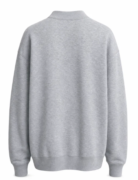 Back of the heather grey UP mock neck sweatshirt, plain with ribbed cuffs and hem