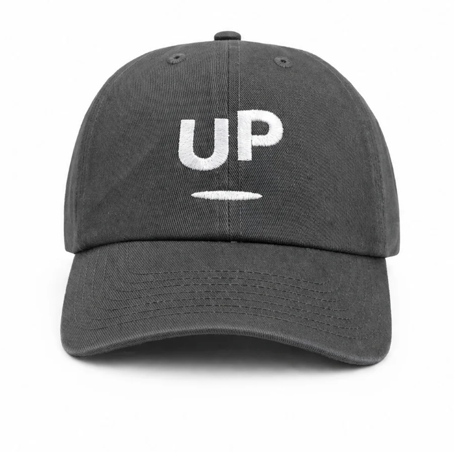 Charcoal grey UP dad hat with centered logo, by Scroll Happy