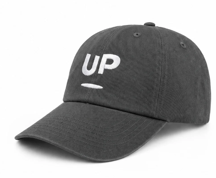 Charcoal grey UP dad hat with centered logo, by Scroll Happy