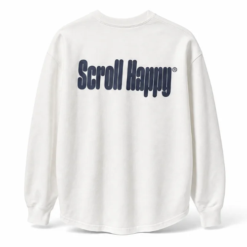 Back of the white UP long sleeve shirt with the navy Scroll Happy wordmark