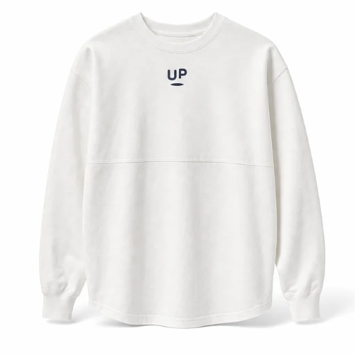 Front of the white UP long sleeve shirt with the small navy UP logo centered on the chest