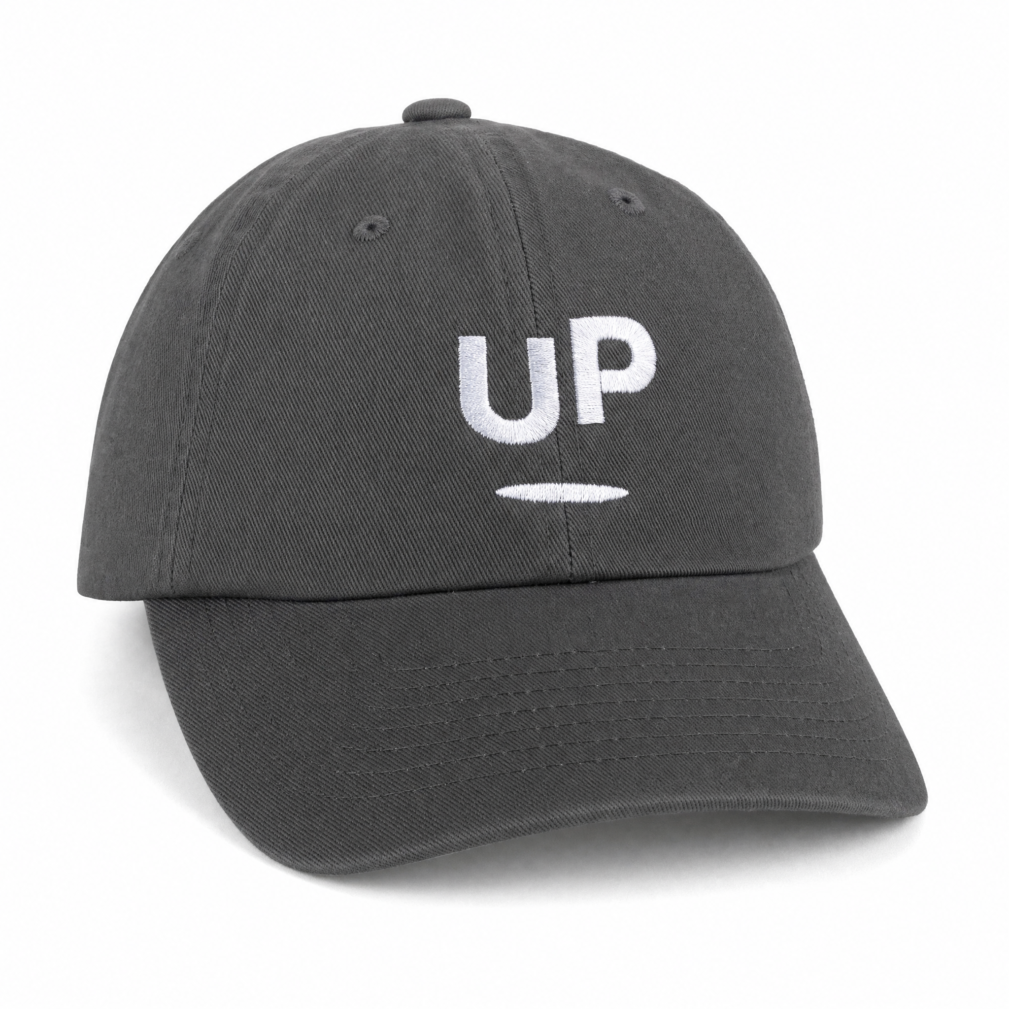 Charcoal grey UP dad hat with centered logo, by Scroll Happy